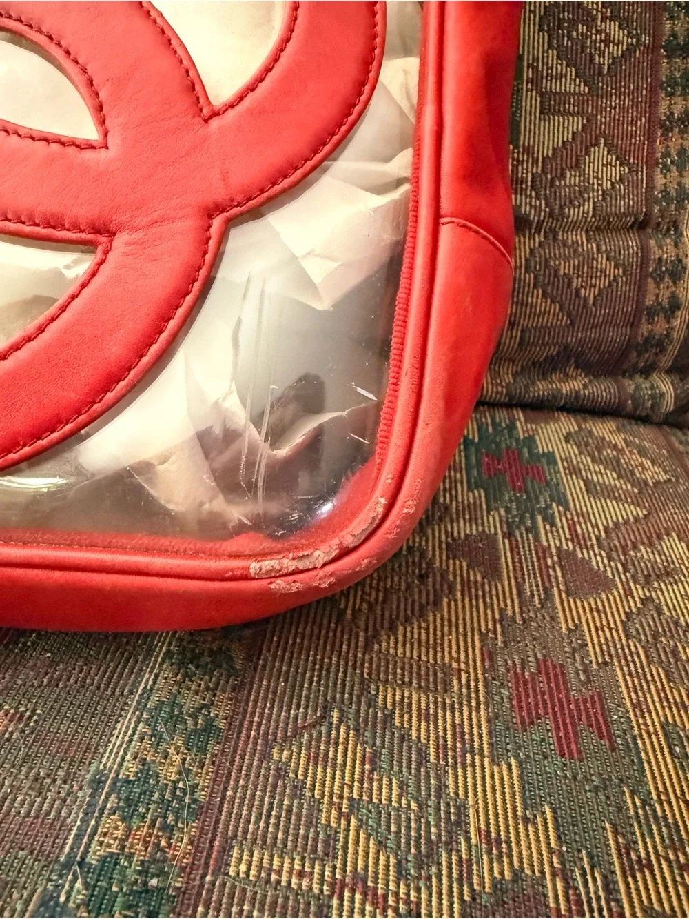 CHANEL VINTAGE RARE 90s Red Clear Vinyl Tote WITH Attached Inner Bag. - Picture 9 of 15
